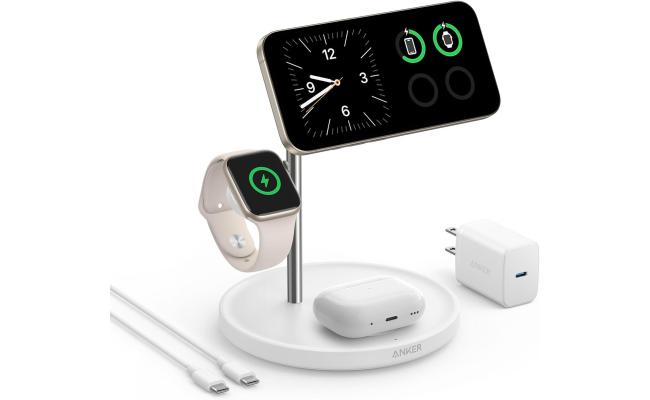 Anker MagSafe Charger Stand, iPhone 16 Wireless Charging Station, MagGo 3 in 1 Charging Station, Qi2 Certified 15W Wireless Charger, Desk Accessory, for iPhone 16/15/14/13/12, Apple Watch, AirPods - White